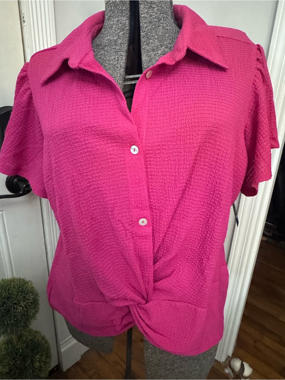 Women’s Alison Andrew’s Fuchsia Short-Sleeve Button Front Top with Twist Hem 1X